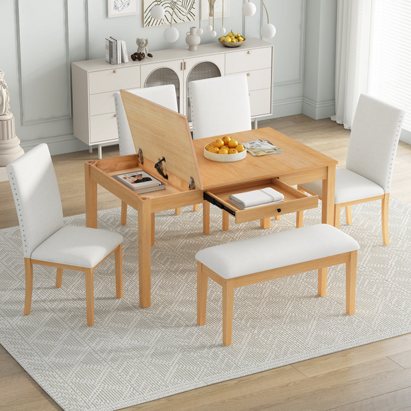 Farmhouse 6-Piece Dining Table Set with Storage and Upholstered Chairs in Natural+Beige