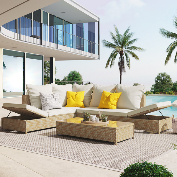 Patio 3-Piece Rattan Sofa Set - All Weather PE Wicker, Adjustable Chaise Lounge & Tempered Glass Table, Natural Brown