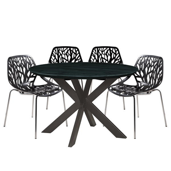 Ravenna Modern 5-Piece Dining Set | Metal Dining Set with 4 Stackable Plastic Chairs and Round Wood Table