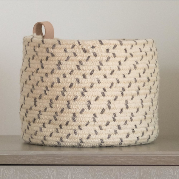 Wool Dice-X Leather Loop Basket  - Gray 10"x10"x9"