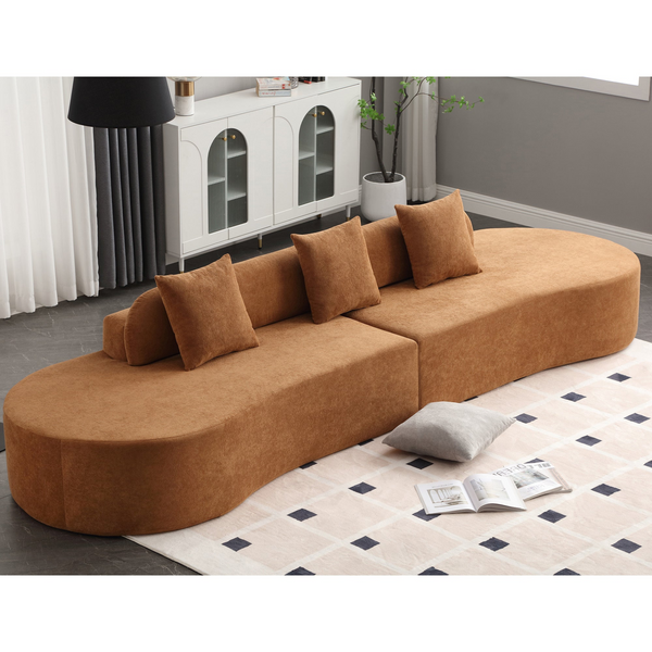 Modern Curved Combination Sofa - Terrycloth Fabric Sofa - Minimalist Sofa for Living Room and Apartment - No Assembly Required - Includes Three Pillows - Brown