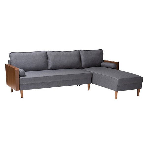 Mid-Century Modern Grey Fabric and Walnut Brown Wood Right Facing Sectional Sofa