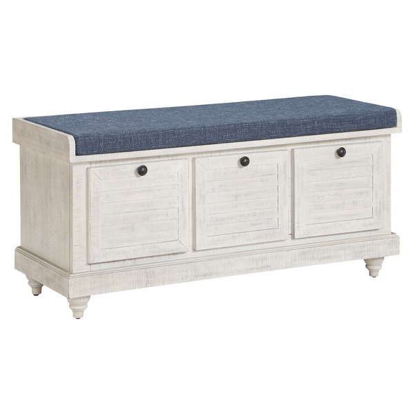 Dover Storage Bench - Coastal Style, Distressed White Frame, Navy Fabric Cushion