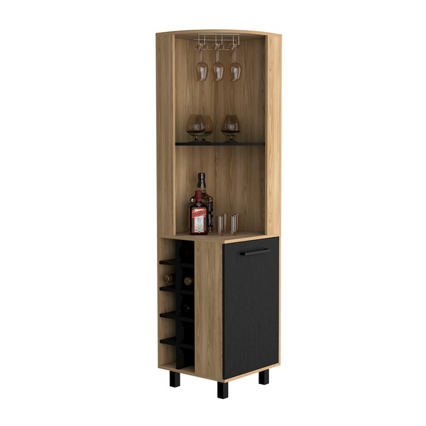 Stylish Corner Bar Single Door Cabinet with Two Shelves in Natural Oak/Black - Perfect for Home Bar Storage