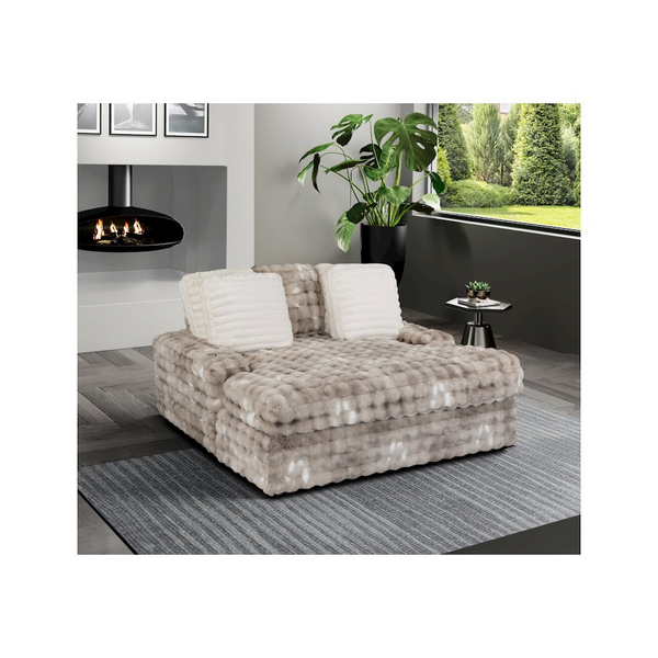 Contemporary Lounger Sofa with USB - Ultra Plush, Light Gray Fabric & Faux Fur Finish