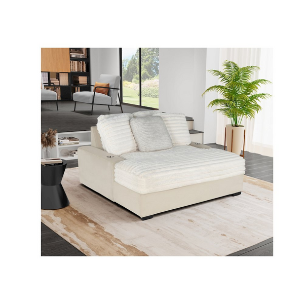 Contemporary Lounger Sofa with USB - Plush Corduroy, Beige & Grey, Overstuffed Comfort