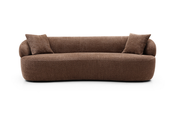 Brown Mid Century Modern Curved Sofa | 3 Seat Cloud Boucle Fabric Couch for Living Room, Bedroom, Office