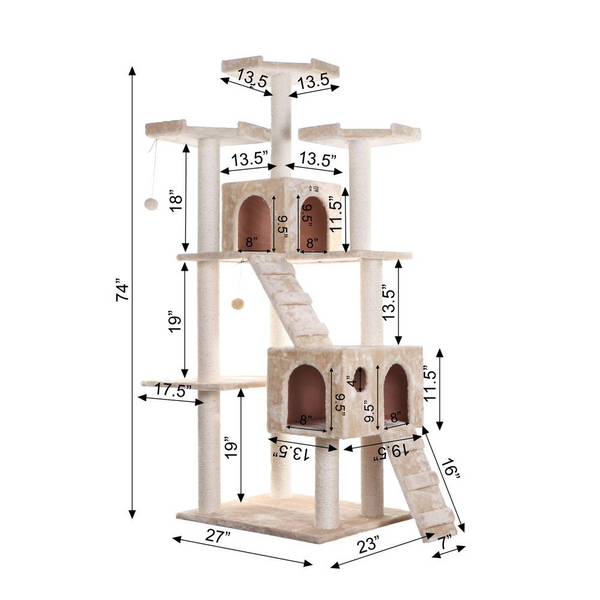 Armarkat 74" Multi-Level Real Wood Cat Tree - Large Cat Play Furniture with Scratching Posts and Platforms, Beige