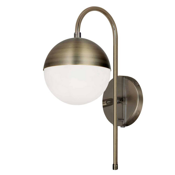 1LT Halogen Sconce AB, WH Opal Glass HW + Plug - Modern Lighting Fixture