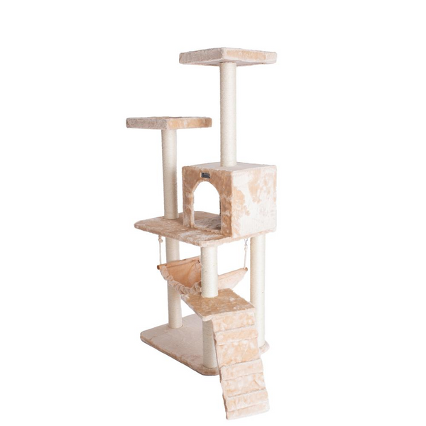 GleePet 57-Inch Real Wood Cat Tree In Beige - Perches, Running Ramp, Condo, and Hammock