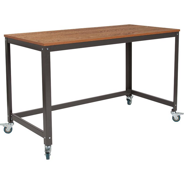 Computer Table and Desk in Brown Oak Wood Grain Finish with Metal Wheels