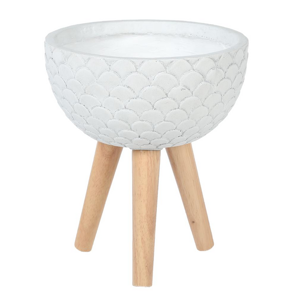 LuxenHome Scallop Embossed White Round Planter with Wood Legs