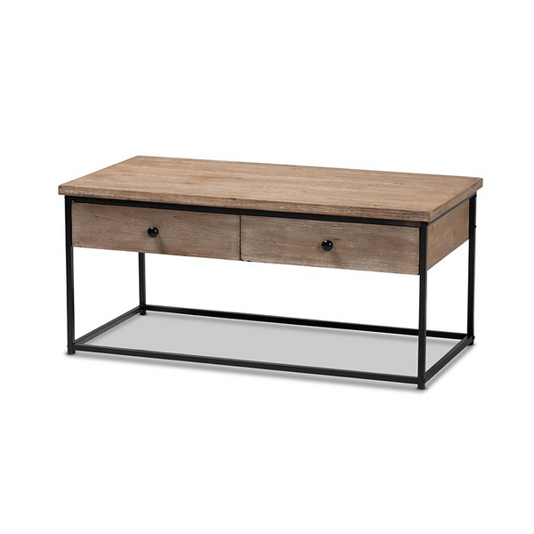 Weathered Oak Finished Wood and Black Metal 2-Drawer Coffee Table