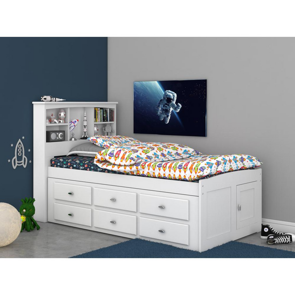 Solid Pine Twin Captains Bookcase Bed with 6 Spacious Drawers - Casual White | OS Home and Office Furniture