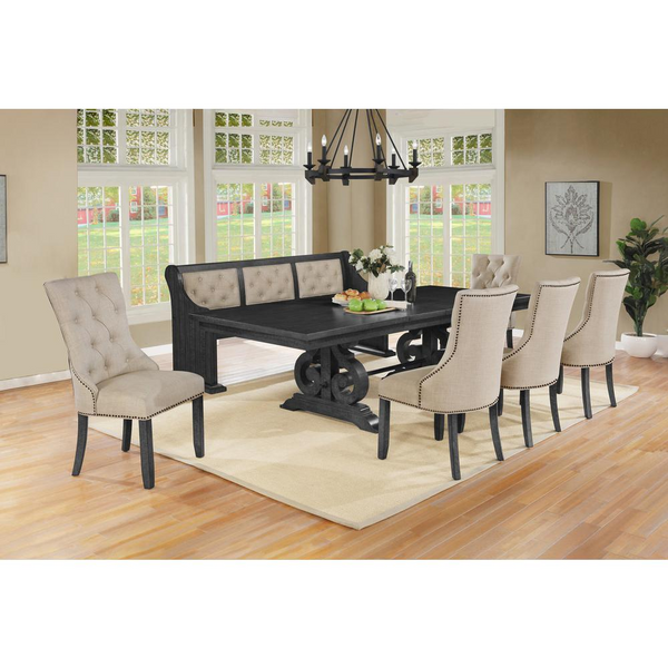 7 Piece Dining Set with Dark Gray Solid Wood Table, 5 Beige Linen Fabric Side Chairs, and Matching Bench