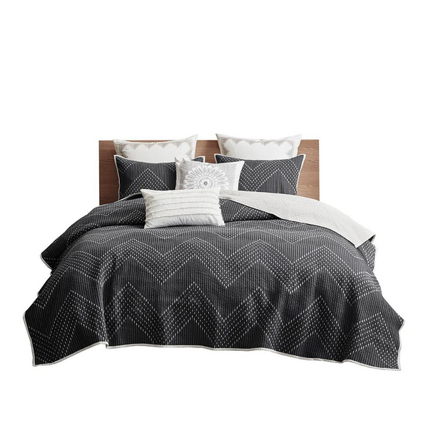 3 Piece Embroidered Cotton Quilt Set - Modern Chevron Pattern, Cozy Look