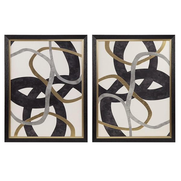 Gold Foil Abstract 2-Piece Framed Canvas Wall Art Set - Modern Black, Grey, and Gold Hues for a Rich and Glamorous Look