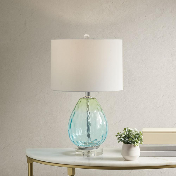 Borel Table Lamp - Glass Base, Blue and Green Hue, Tilted Drum Shade, Warm Glow, 2-Year Warranty