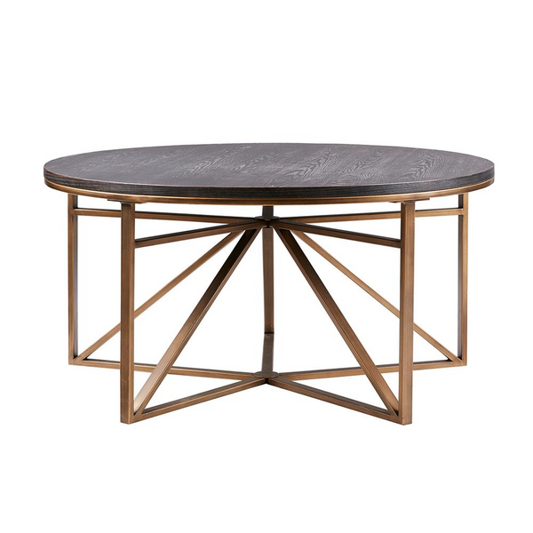 Distressed Ebony Wood Veneer Coffee Table with Antique Bronze Frame