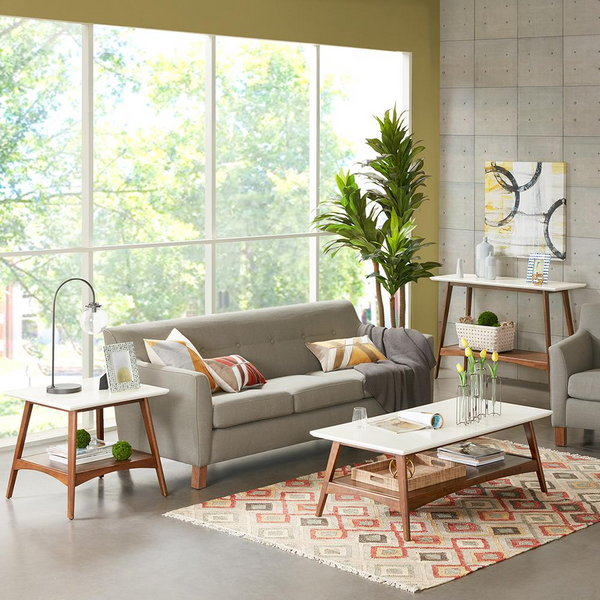 Modern Mid-Century Solid Wood Coffee Table with Off-White Top & Pecan Finish Shelf