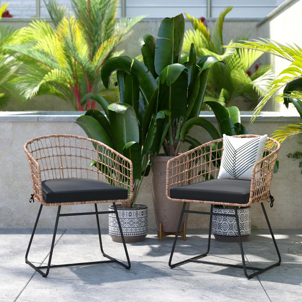 Set of 2 Boho Patio Club Chairs with Black Cushions & Sled Base - Rattan Rope Design