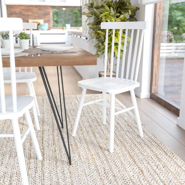 Set of 2 Windsor Dining Chairs, Solid Wood Armless in White - Comfortable & Durable