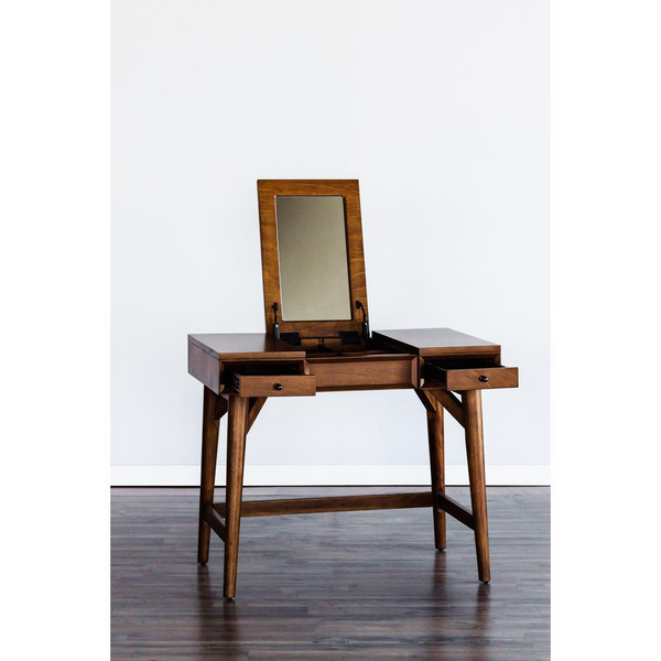 Flynn Bedroom Vanity in Acorn - Mid-Century Modern Mahogany Vanity with Flip Top Mirror & Storage