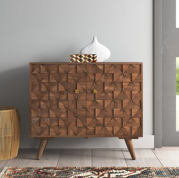 Veneto Accent Cabinet - Mid-Century Charm with Hand-Carved Geometric Patterned Doors